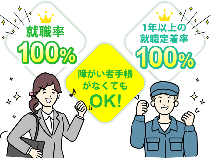 就職率100%！1年以上の就職定着率100%！障がい者手帳がなくてもOK！